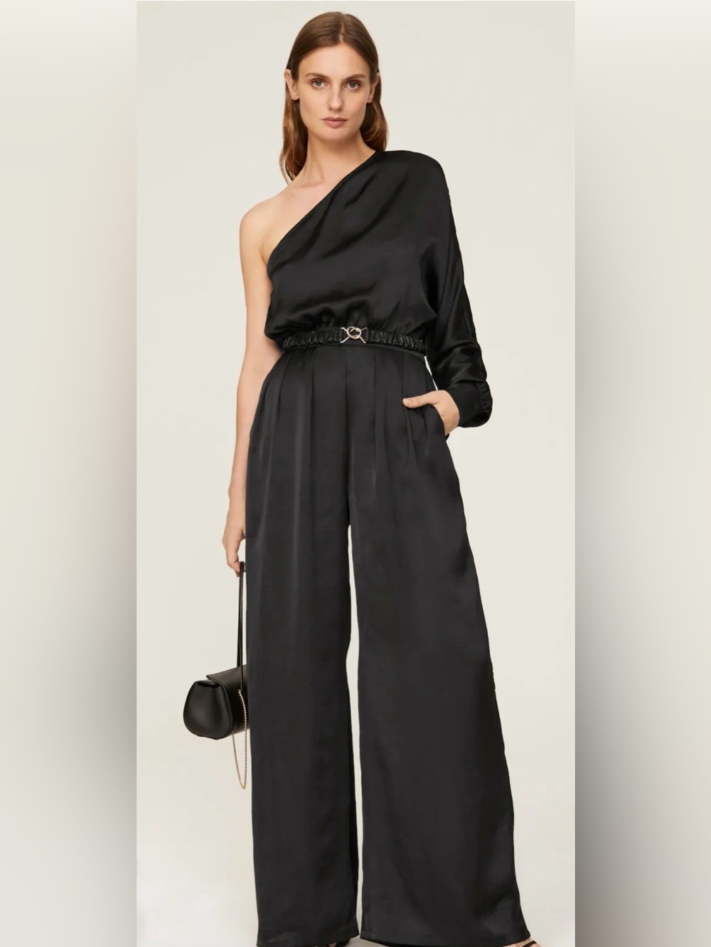 New York & Company Black One-Shoulder Wide-Leg Jumpsuit